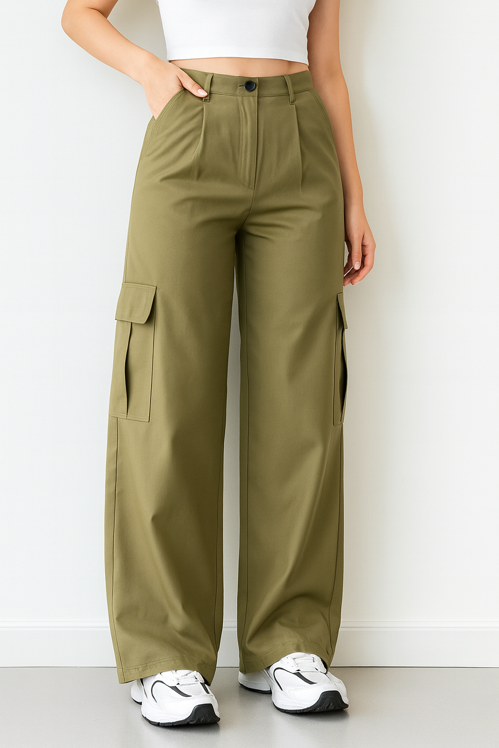 woman wearing khaki cargo pants standing against light background
