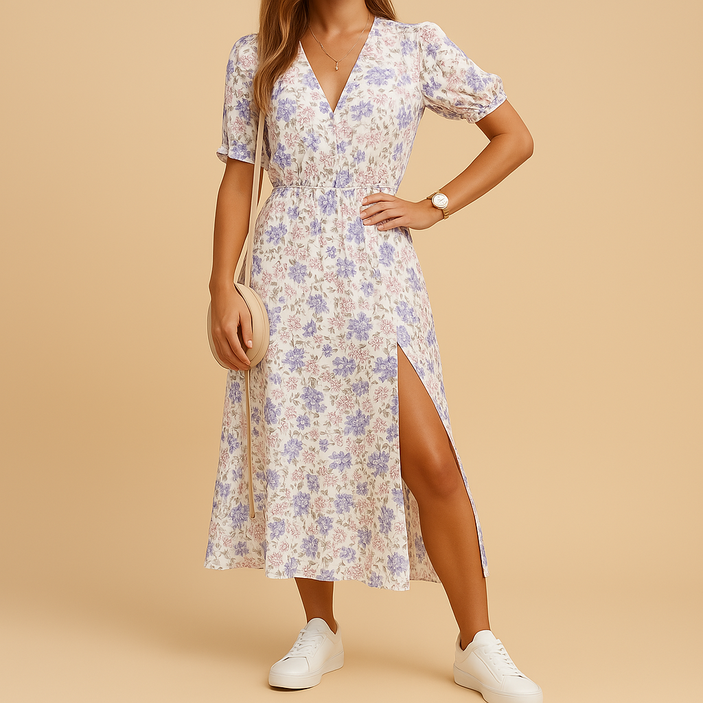 Lange zomerjurk met V-hals en split voor dames | Nina-4