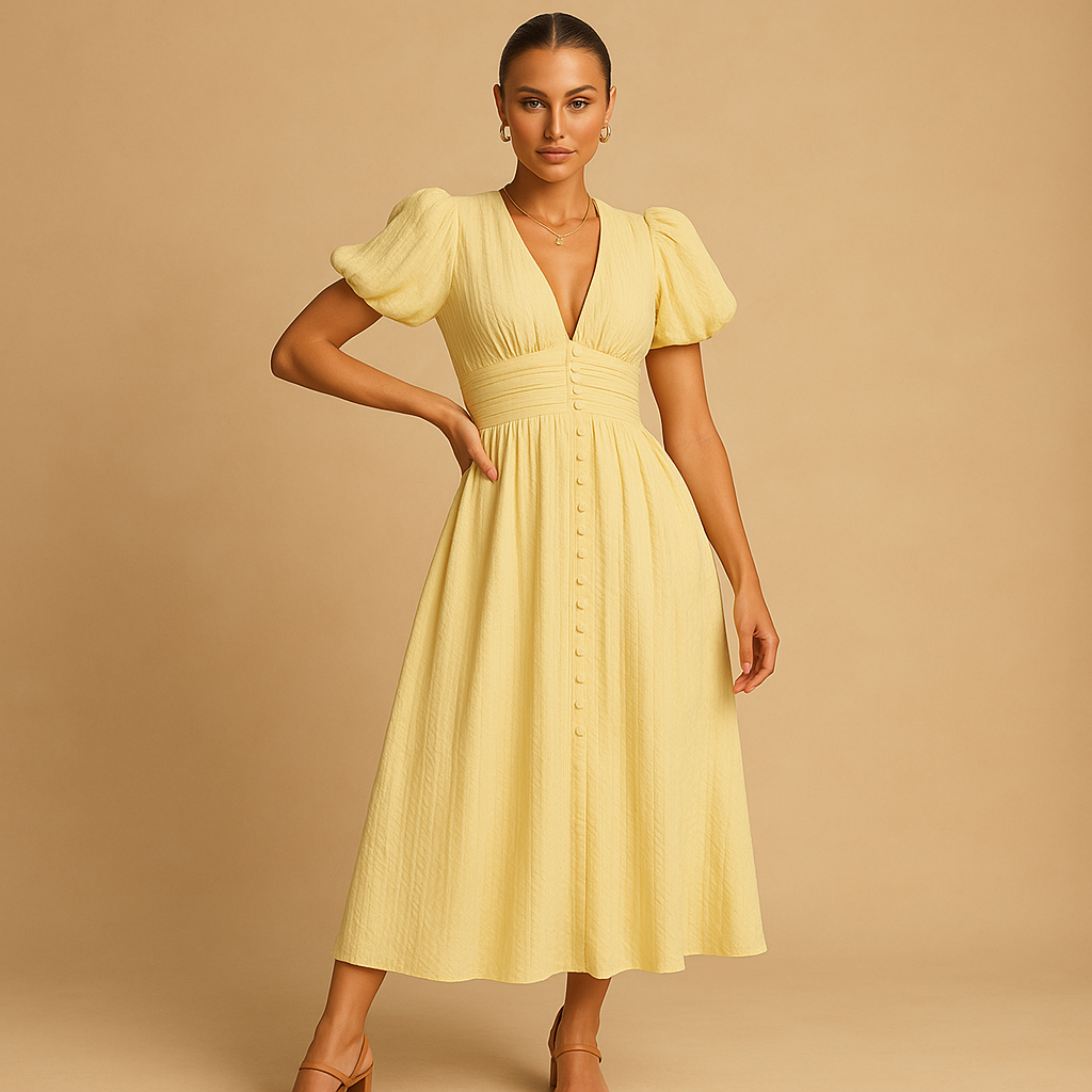 Maxi Jurk Lange Mouwen met Knoopsluiting en Vloeiend Silhouet | Alina-5