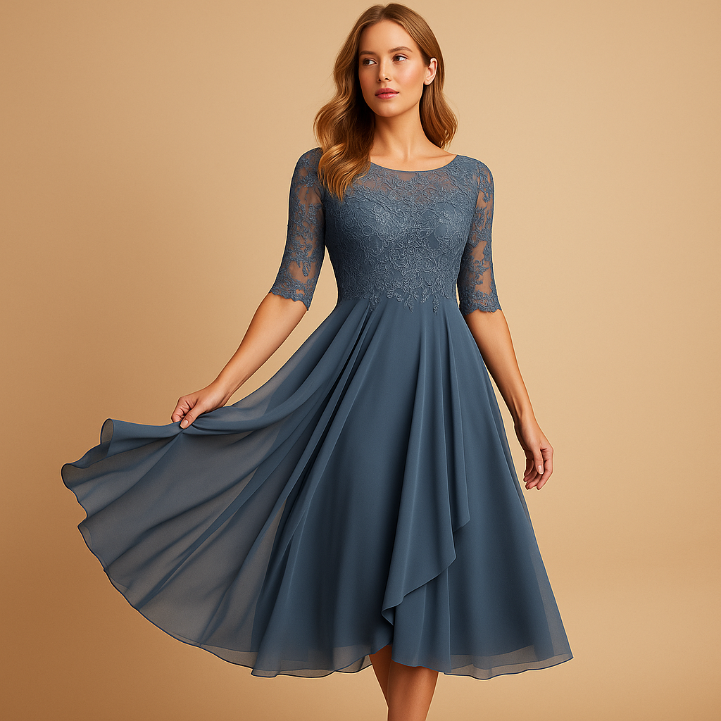 Lace Bodice Midi -jurk met asymmetrische rok voor vrouwen | Celeste-3