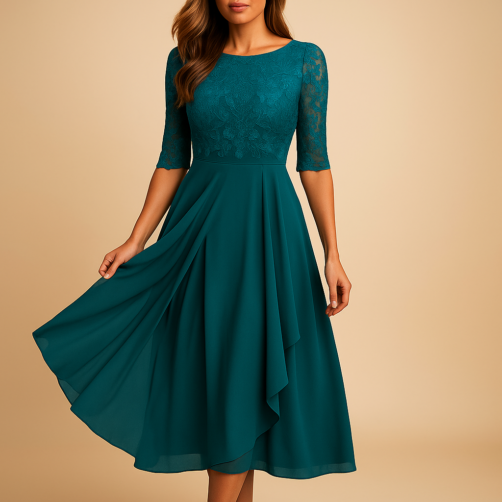 Lace Bodice Midi -jurk met asymmetrische rok voor vrouwen | Celeste-4