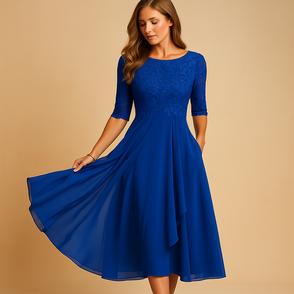 Lace Bodice Midi -jurk met asymmetrische rok voor vrouwen | Celeste-5