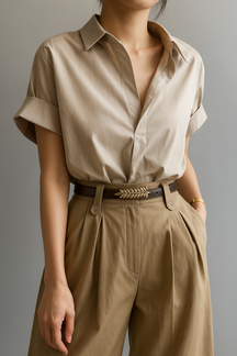 Woman wearing beige shirt against light background
