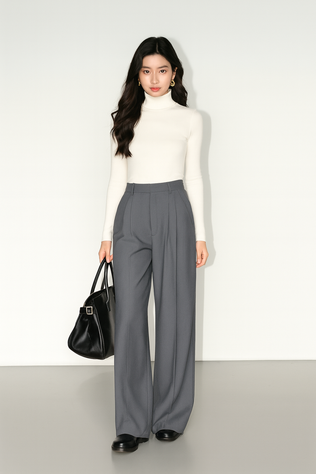 Woman wearing grey trousers standing against light background