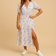 Lange zomerjurk met V-hals en split voor dames | Nina-4