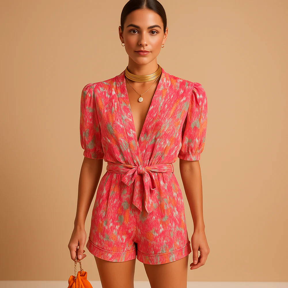 Korte zomerjumpsuit voor dames met speelse print, verstelbare riem en lichtgewicht stof, ideaal voor zonnige dagen en avondjes uit.