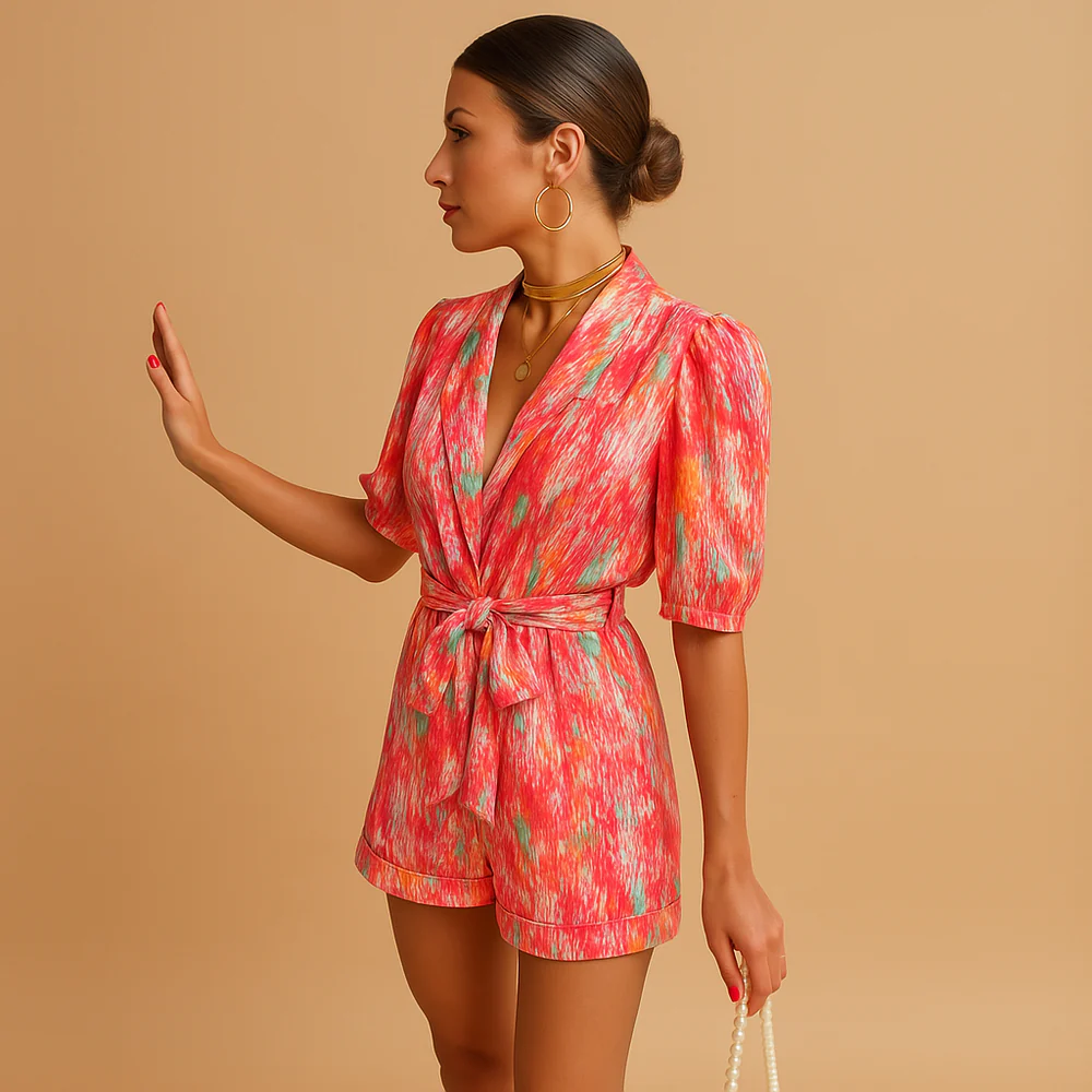 Korte zomerjumpsuit voor dames met speelse print, verstelbare riem en lichtgewicht stof, ideaal voor zonnige dagen en avondjes uit.