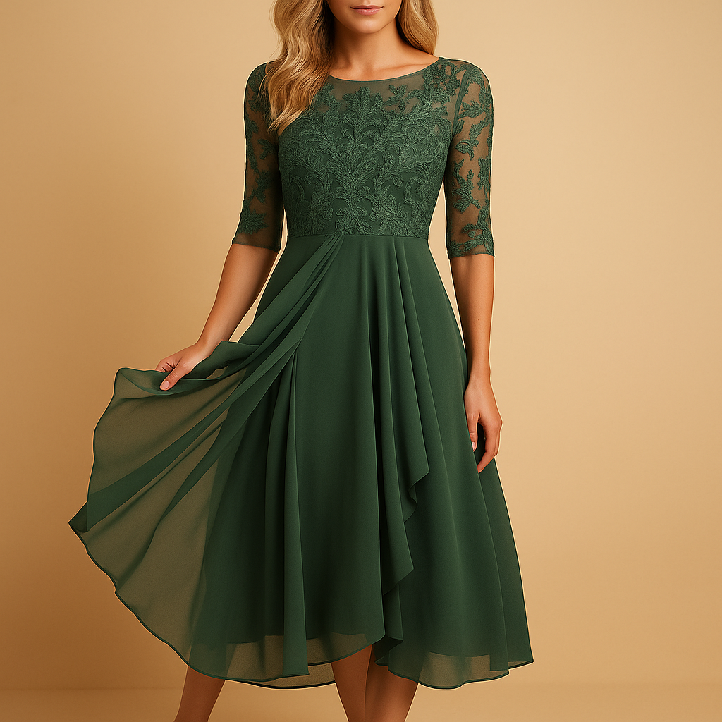 Lace Bodice Midi -jurk met asymmetrische rok voor vrouwen | Celeste-2