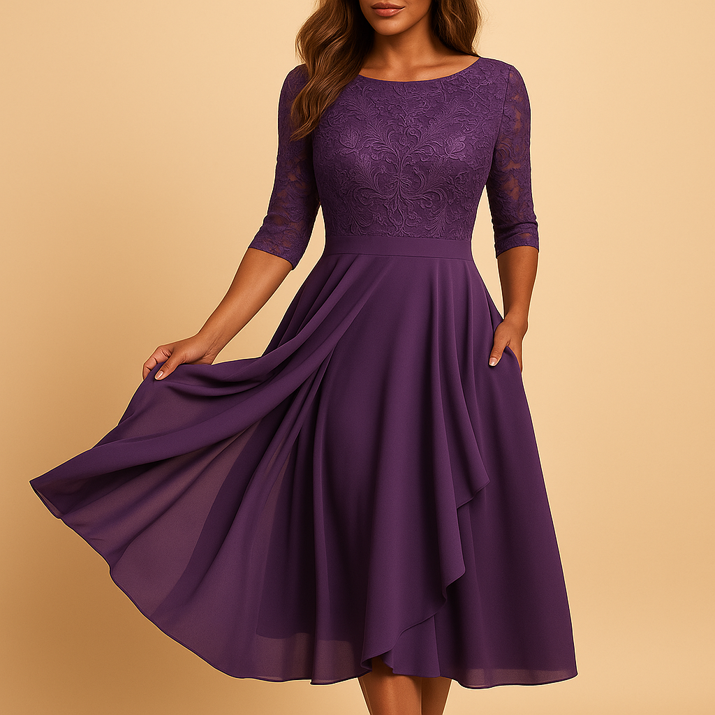  Lace Bodice Midi -jurk met asymmetrische rok voor vrouwen | Celeste-1