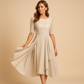  Lace Bodice Midi -jurk met asymmetrische rok voor vrouwen | Celeste-6